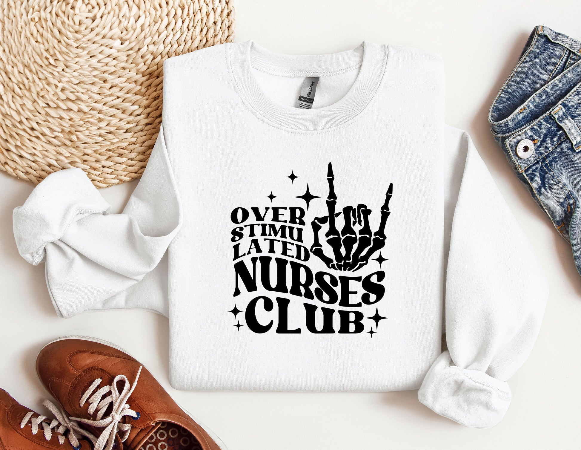 Overstimulated Nurse Club Skeleton Hand Sweatshirt, Nurse Club Sweatshirt, Team Night Shift Nurse Life Sweater Gift For New Nurse her unique