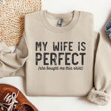 a sweater that says, my wife is perfect and a pair of shoes
