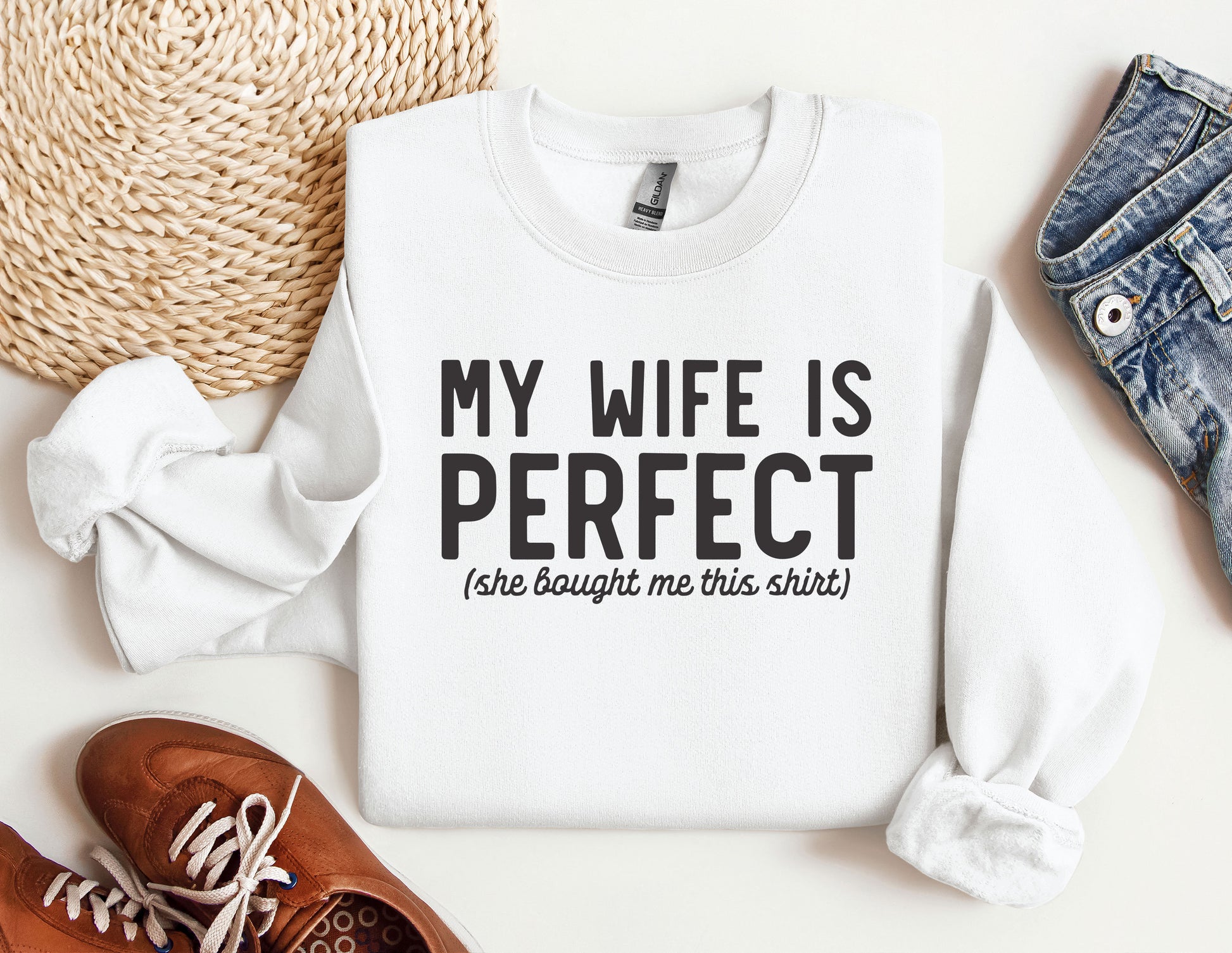 a white shirt that says, my wife is perfect she bought me this shirt