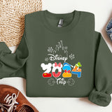 a green sweatshirt with mickey mouse on it