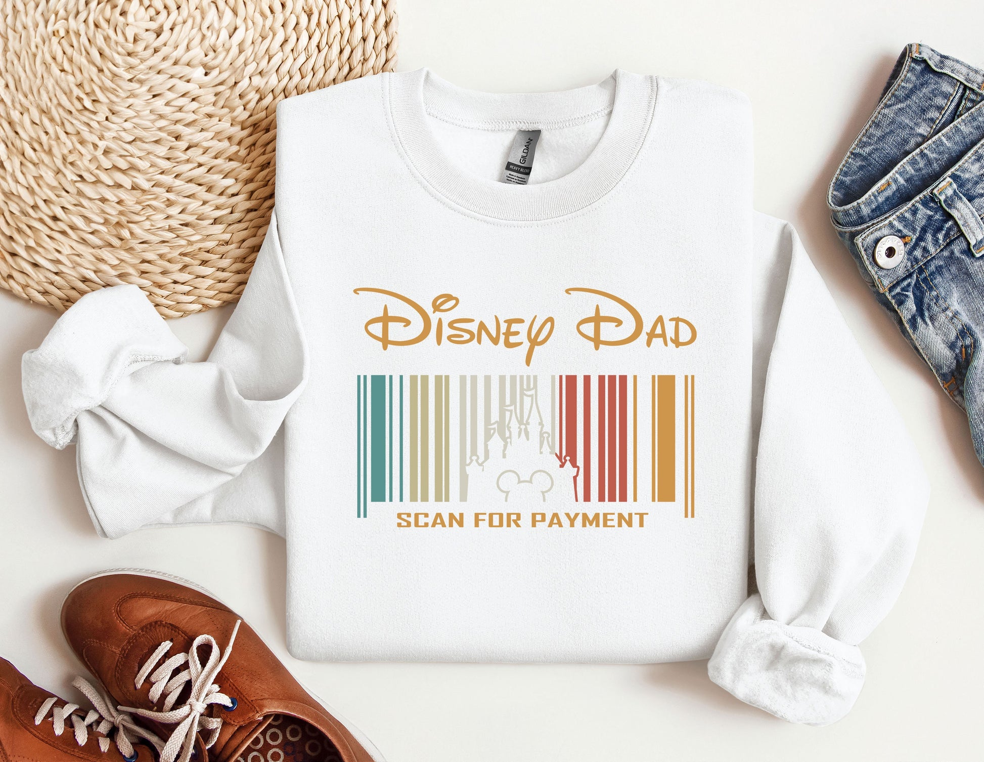 a white shirt that says disney dad scan for payment