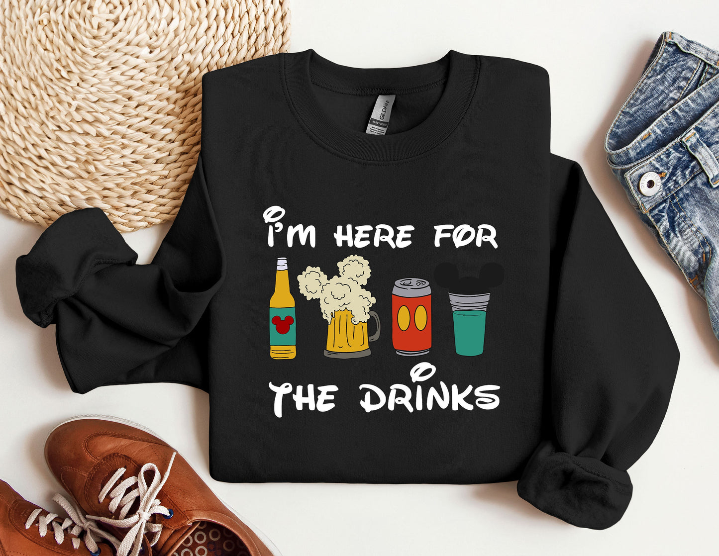 a black sweatshirt with a picture of beer and popcorn