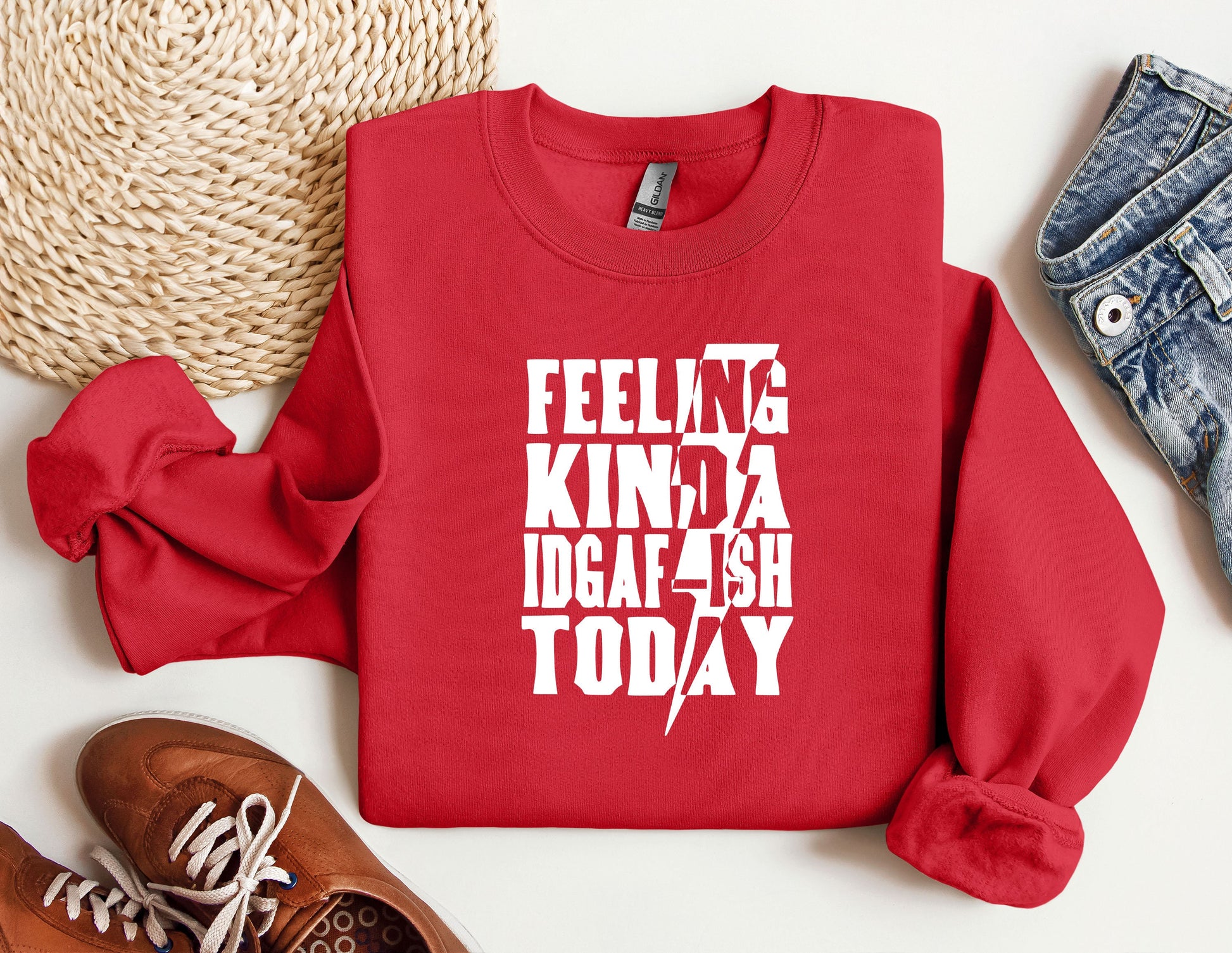 a red sweatshirt with white writing on it