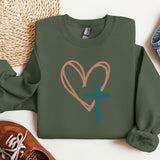 a green sweatshirt with a heart and a cross on it