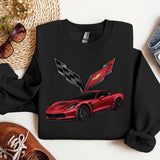 a black sweatshirt with a red car on it