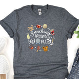 a t - shirt that says snacking around the world