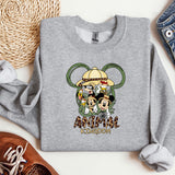 a gray sweatshirt with a mickey mouse and mickey mouse on it