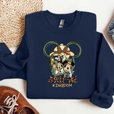 a blue sweatshirt with a mickey mouse cartoon on it