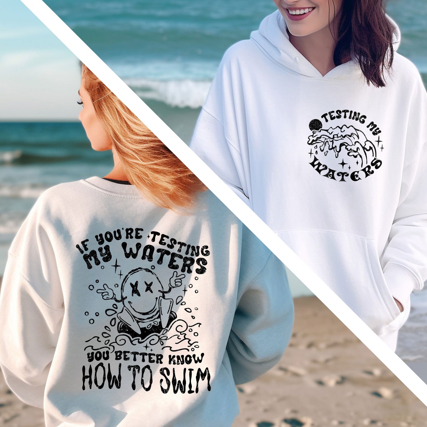 two women standing on a beach wearing matching hoodies