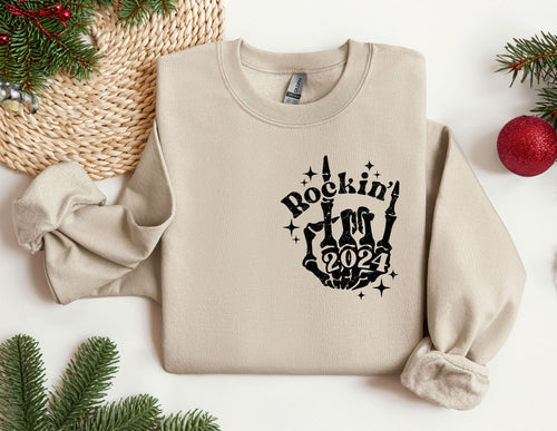 Rocking 2024 Skeleton Sweatshirt, Christmas Gift Idea, New Year Party Hoodie, Oversized Crewneck, Christmas Hoodie & Sweatshirt, 2024 Hoodie