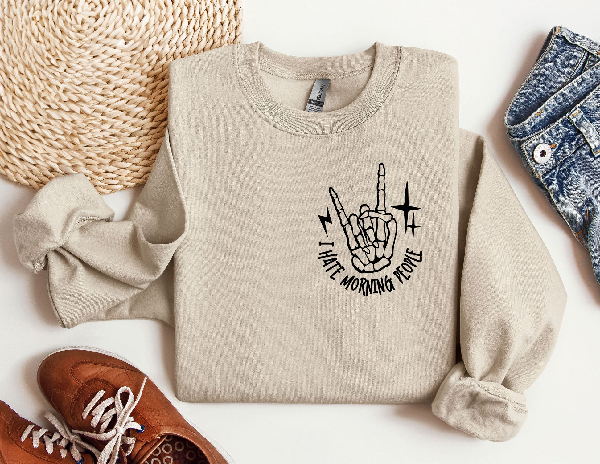 a pair of shoes and a sweatshirt with a peace sign on it