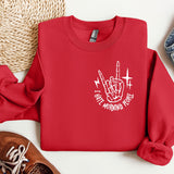 a red sweatshirt with a white print on it
