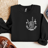 a black sweatshirt with a white print on it