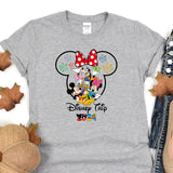 a gray shirt with a mickey mouse and minnie mouse on it