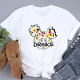 a white shirt with mickey mouse drinking wine
