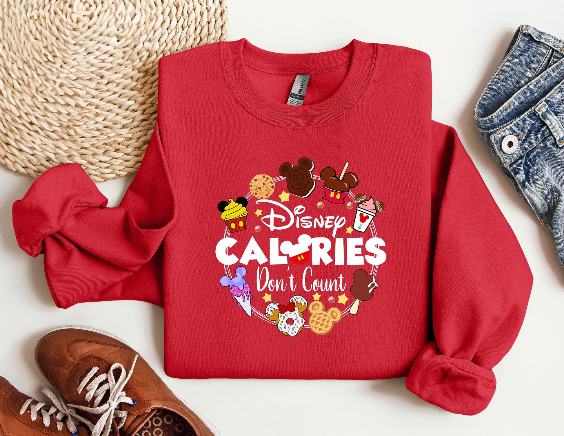 a red sweatshirt with the words disney calories don&#39;t count on it