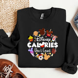 a black sweatshirt with the words disney calories don't count on it