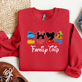 a red sweatshirt with a mickey mouse family trip on it