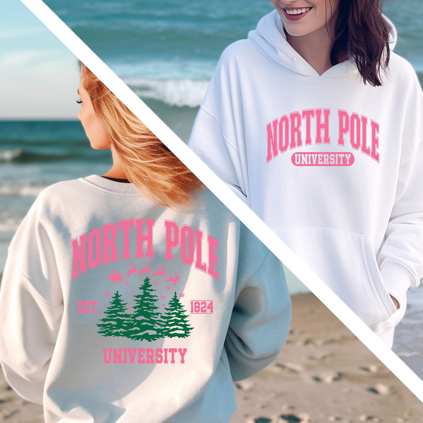 two women in sweatshirts standing on the beach