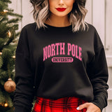 a woman wearing a north pole university sweatshirt
