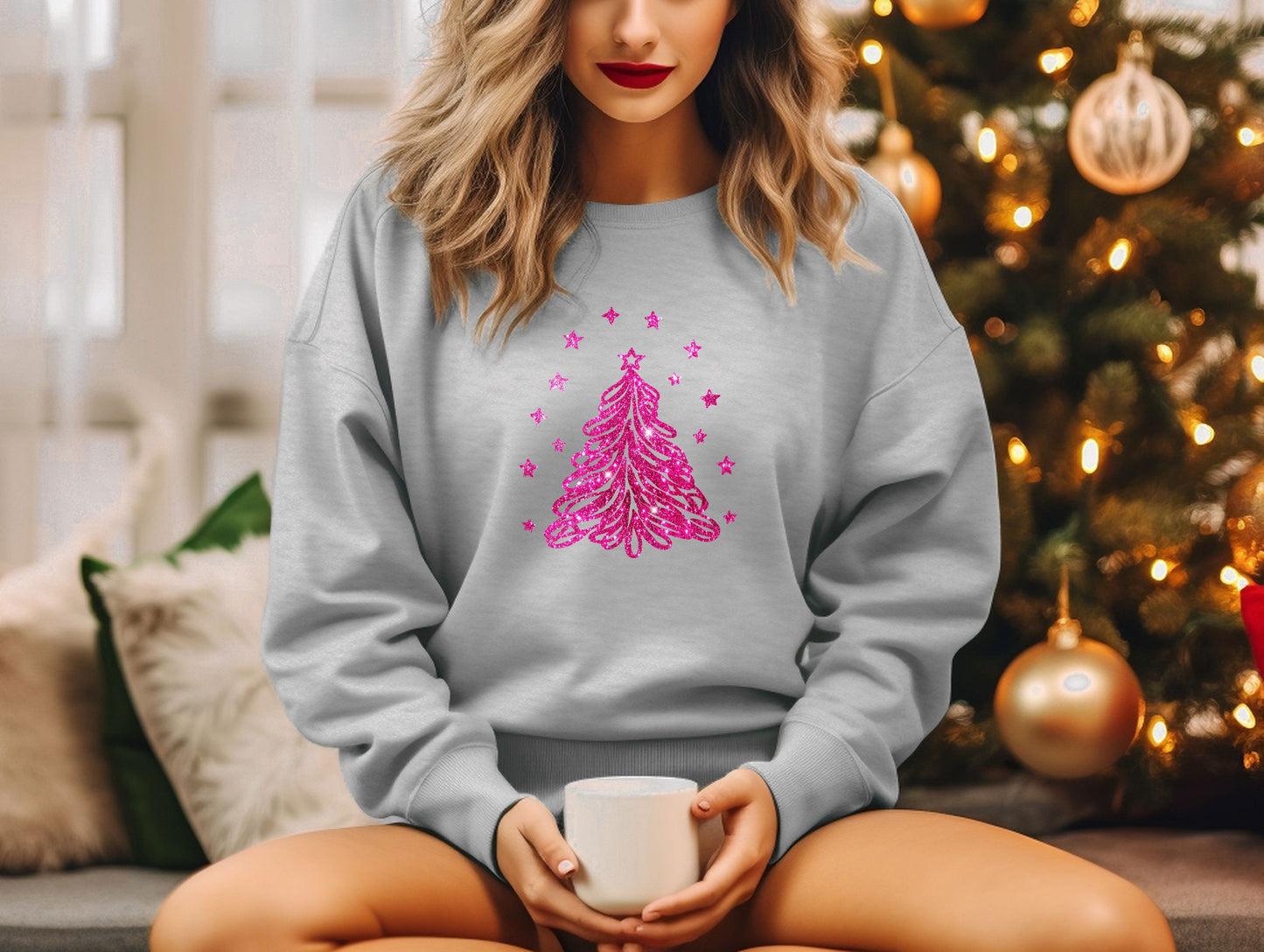 a woman sitting on a couch holding a coffee mug