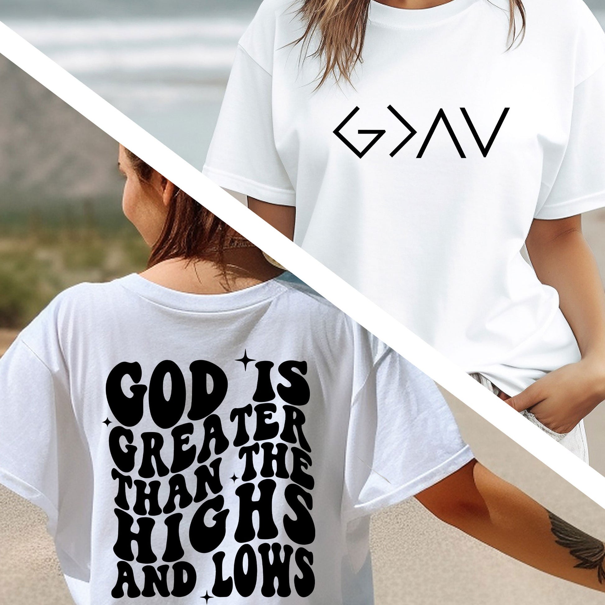 two women wearing t - shirts that say god is greater than the highs and low