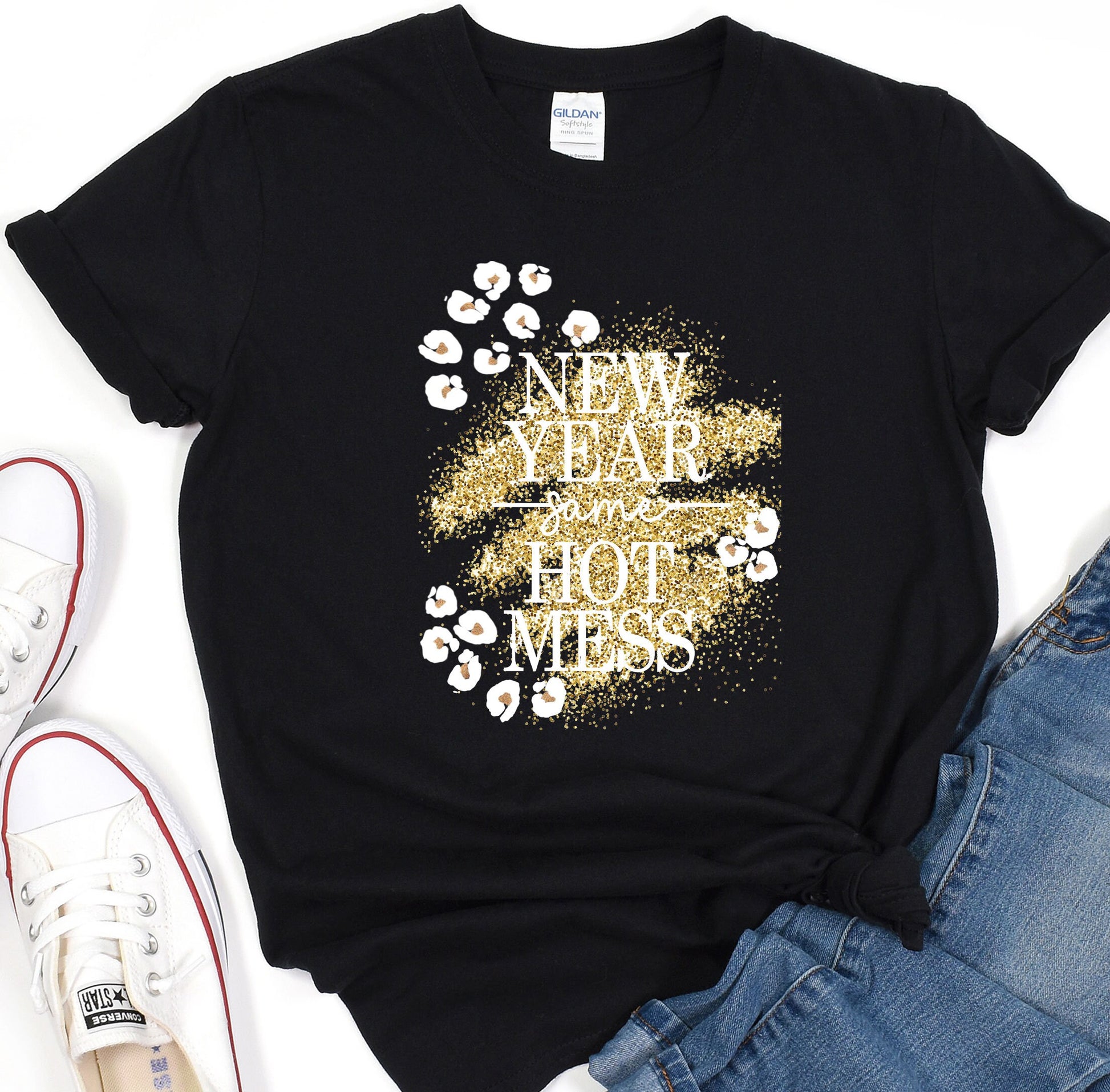 a t - shirt that says new year, hot mess and paw prints