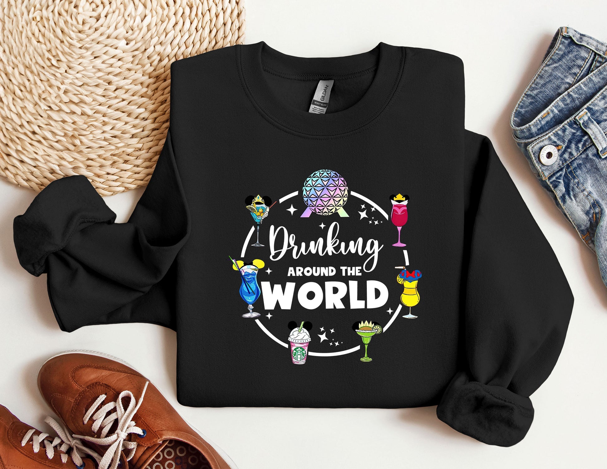 a black shirt with the words drinking around the world on it