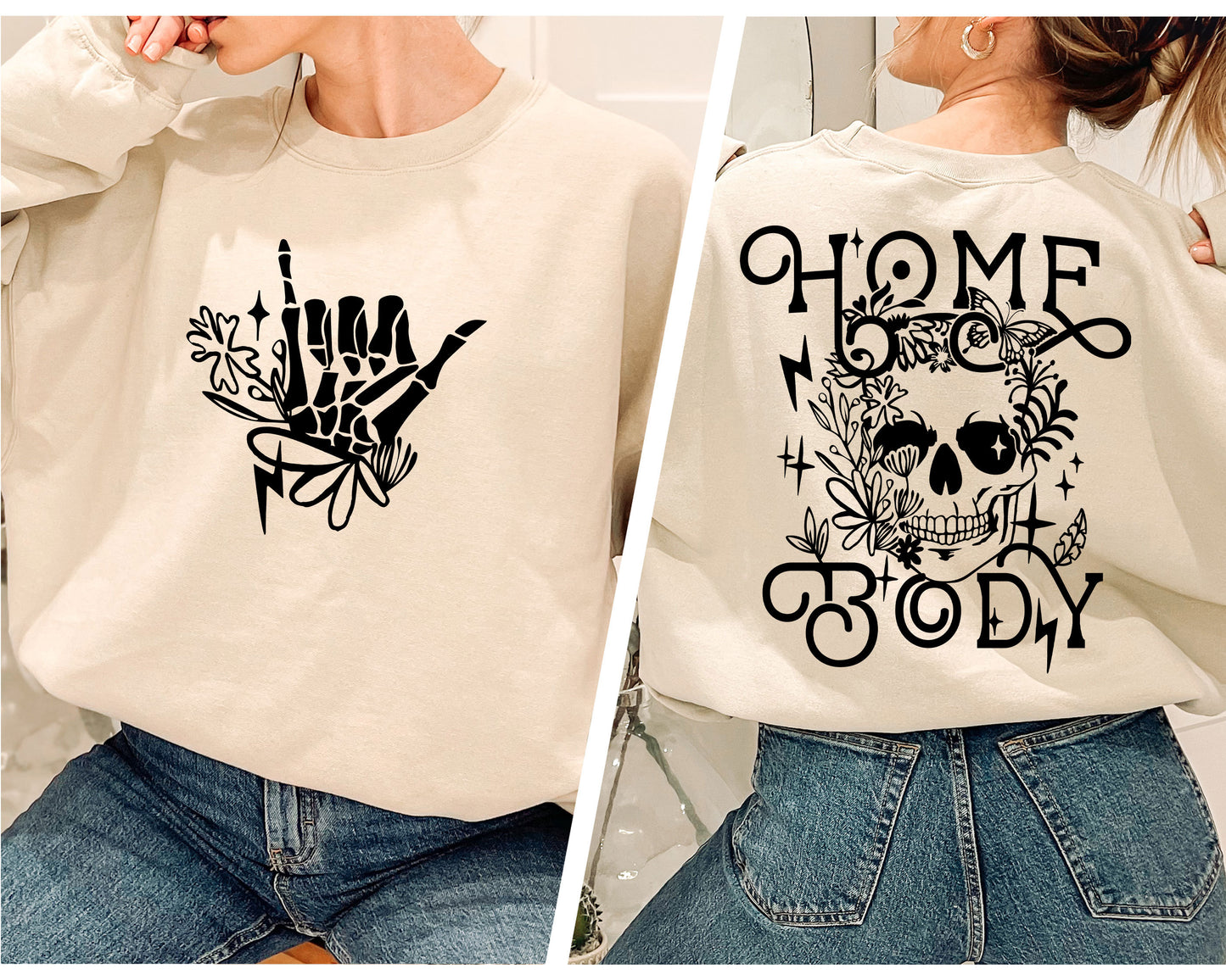 a woman wearing a sweatshirt that says home body