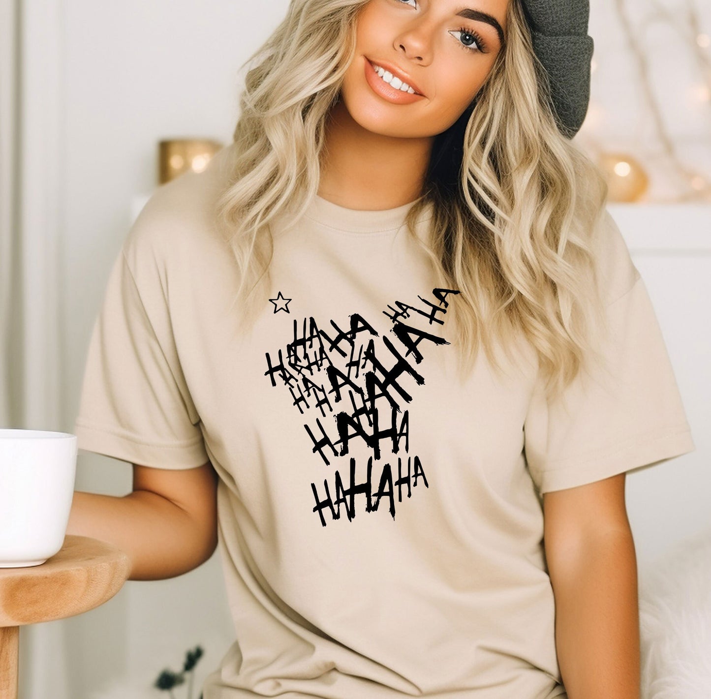 a woman wearing a t - shirt that says happy halloween