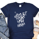 a blue t - shirt with white writing on it