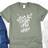 a t - shirt with the words ahaah on it next to a pair