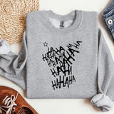 a gray sweatshirt with black letters on it
