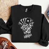 a black sweatshirt with white writing on it