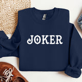 a blue sweater with the word joker printed on it