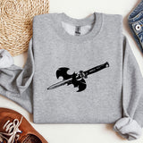 a gray sweatshirt with a black sword on it