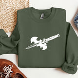 a green sweatshirt with a knife on it