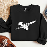a black sweatshirt with a knife on it