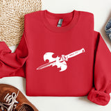 a red sweatshirt with a sword on it