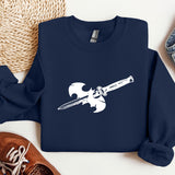 a blue sweatshirt with a white sword on it