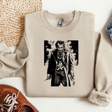 a sweater with a picture of a man holding a knife