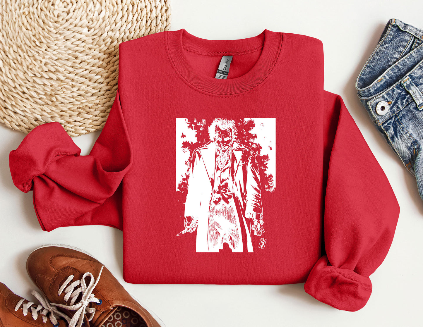 a red sweatshirt with a picture of a man on it