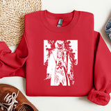 a red sweatshirt with a picture of a man on it