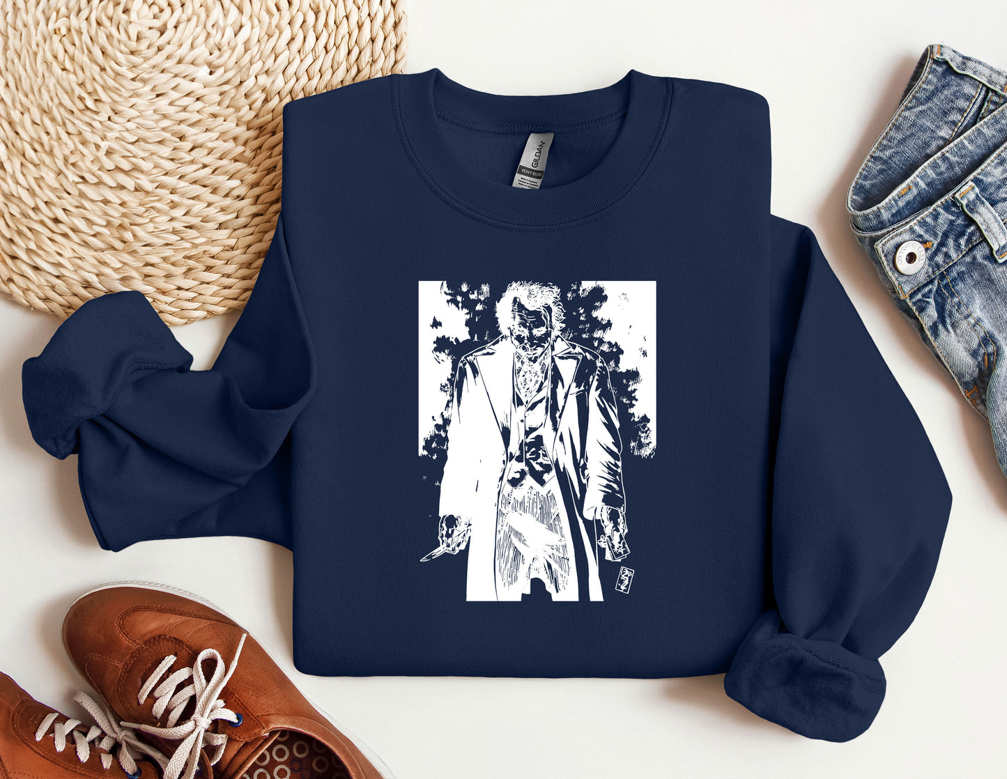 a blue sweatshirt with a picture of a man on it