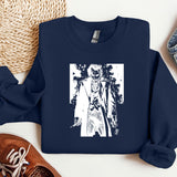 a blue sweatshirt with a picture of a man on it