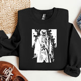 a black sweatshirt with a picture of a man and a woman