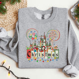 a gray sweatshirt with a mickey mouse christmas sweater on it