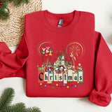 a red sweatshirt with a castle and fireworks on it