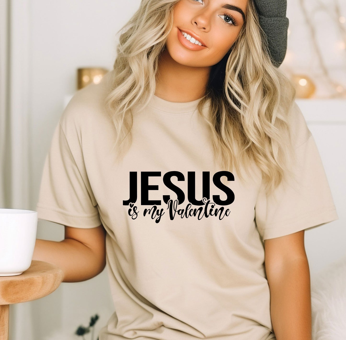 a woman wearing a jesus is my valentine t - shirt