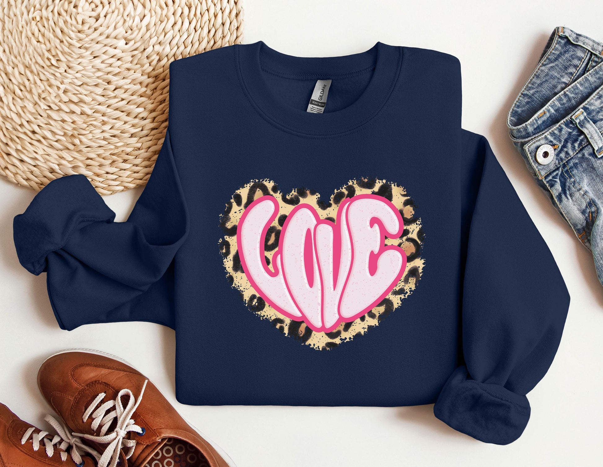 Love Leopard Pattern Heart Sweatshirt, Valentines Day Crewneck, Valentines Hoodie, Heart Sweater, Love Shirt, Unique Gift, Gift for Her